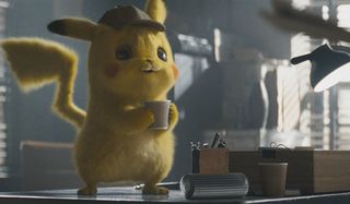 Pokemon: Detective Pikachu Pikachu drinks a coffee on his desk