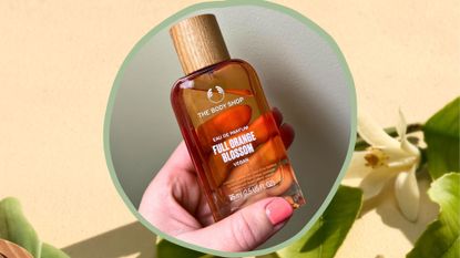 A circular image of beauty editor Fiona McKim's hand holding The Body Shop Full Orange Blossom perfume, within a frame with images of orange blossom leaves and flowers