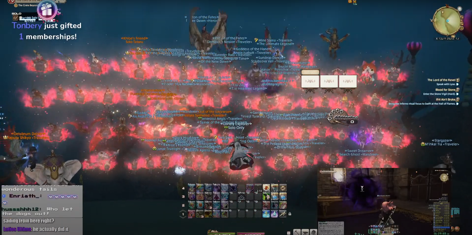 A screenshot of RathGames being given an outpouring of support after finally conquering Susano.