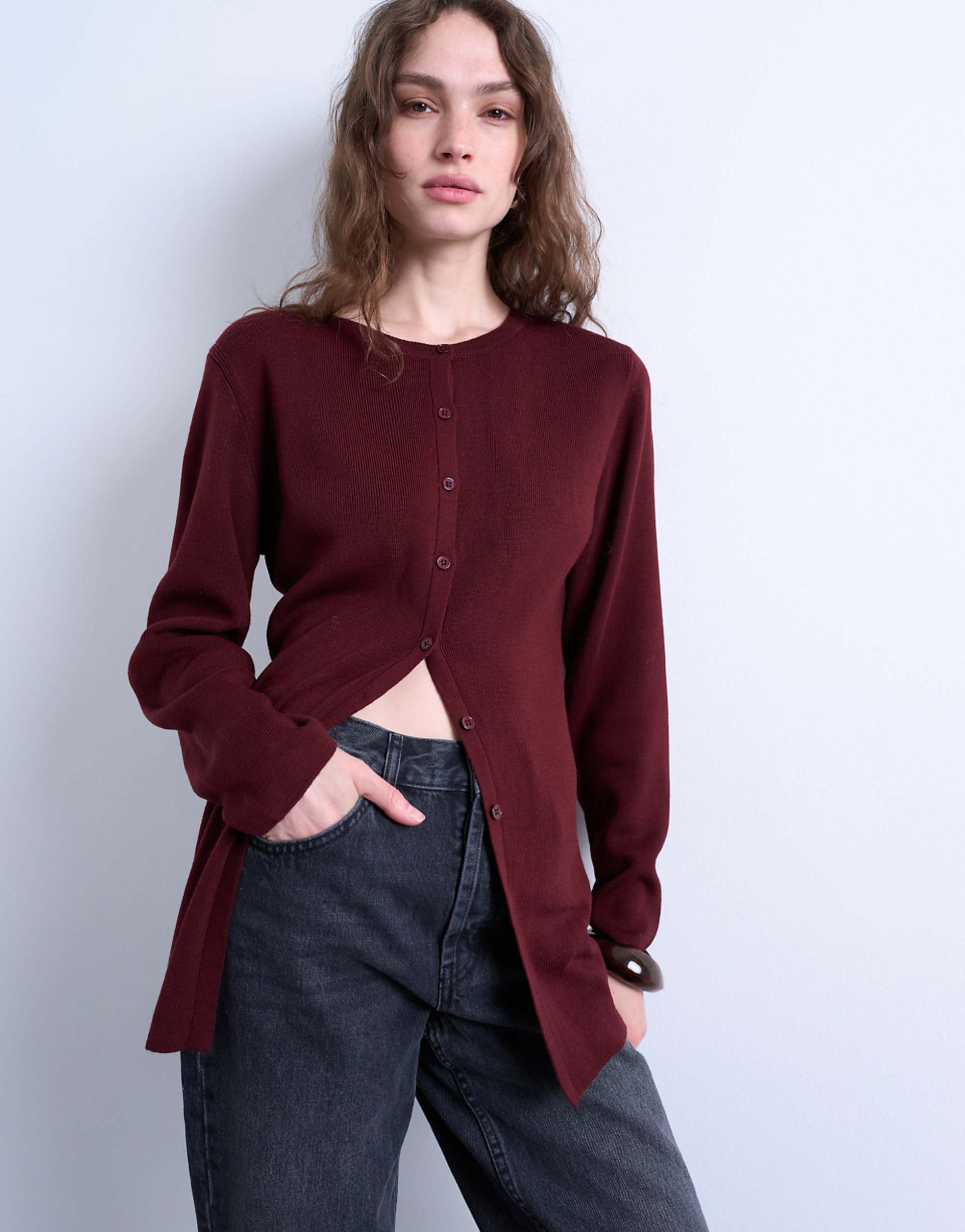 Topshop Compact Knit Longline Cardigan in Burgundy - Part of a Set