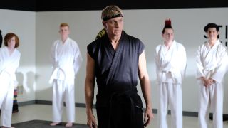 Johnny Lawrence speaks to some students in Cobra Kai