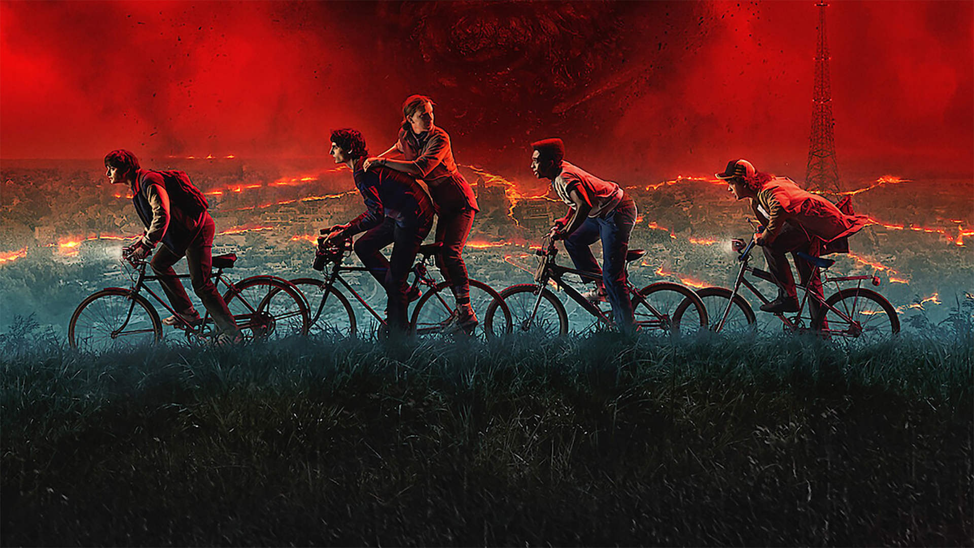 The kids of Hawkins, Indiana riding their bikes in a promo image for Stranger Things season 5