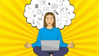Cartoon of Woman in lotus position with laptop on her lap