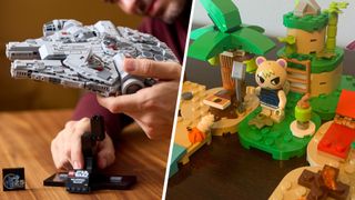 A Lego Millennium Falcon being held alongside an image of an Animal Crossing island set