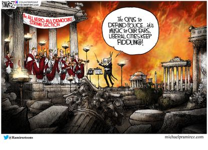 Political Cartoon U.S. Democrats defund the police Nero Rome