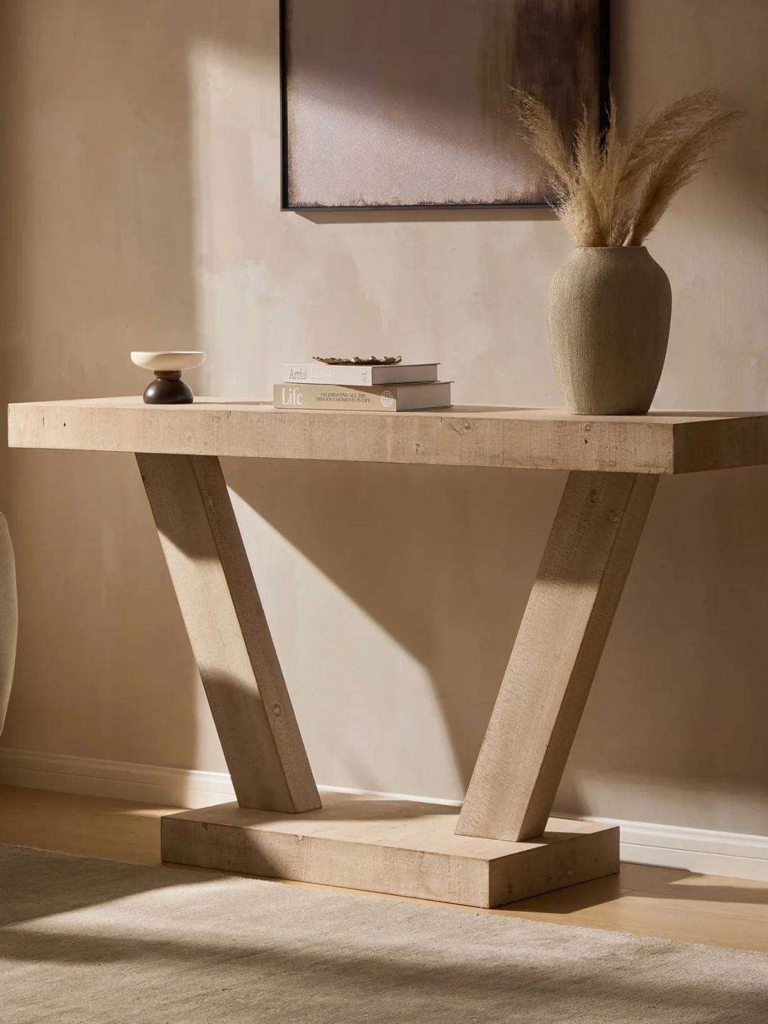 A console table in washed wood