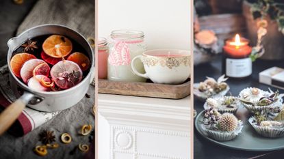 Compilation of ideas for how to make your house smell good with a saucepan of mulled wine, homemade candles in teacups and natural firelighters 