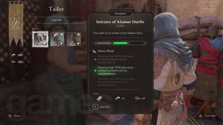 Assassin's Creed Mirage outfit upgrade menu at tailor