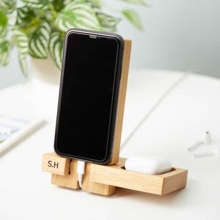 personalised gifts wooden phone stand with slots for charger and airpods case