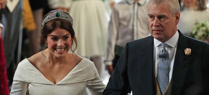 WINDSOR, ENGLAND - OCTOBER 12: Princess Eugenie of York arrives with her father Prince Andrew, Duke of York, ahead of her wedding to Mr. Jack Brooksbank at St. George's Chapel on October 12, 2018 in Windsor, England. (Photo by Yui Mok - WPA Pool/Getty Images)