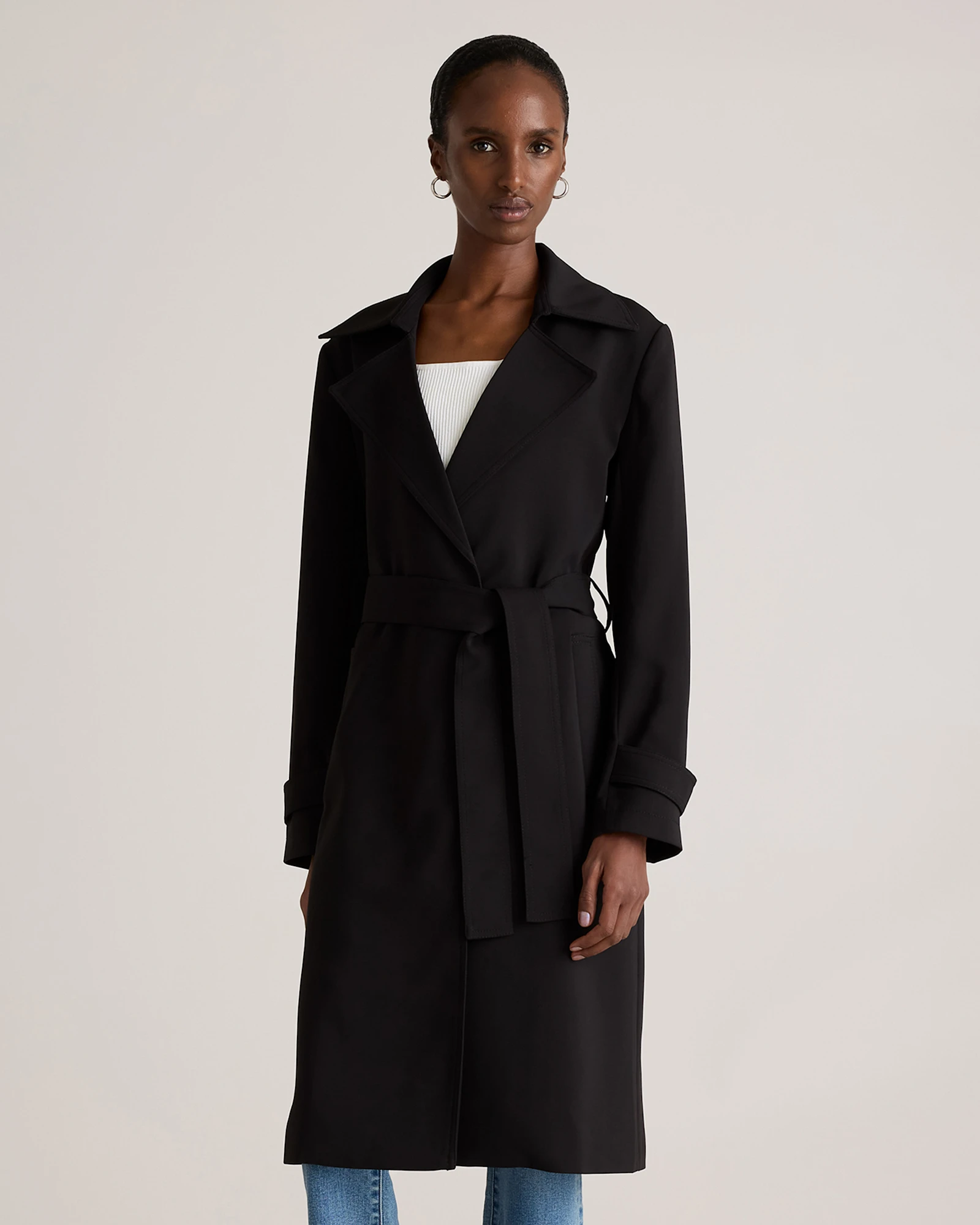 Stretch Crepe Trench Coat in Black