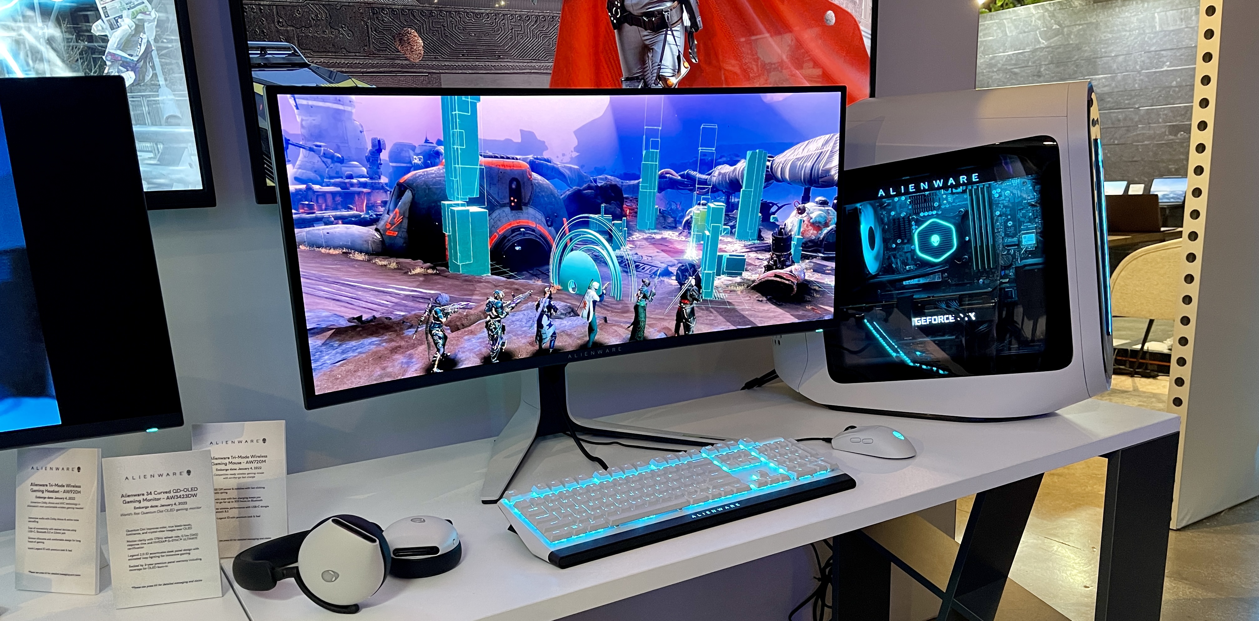 Alienware 34 Curved QD-OLED Gaming Monitor with desktop and keyboard