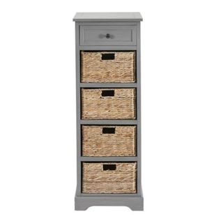 A tall grey chest of drawers with four wicker baskets