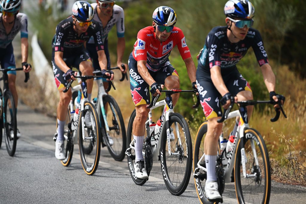 YUNQUERA SPAIN AUGUST 22 Primoz Roglic of Slovenia and Team Red Bull Bora hansgrohe Red Leader Jersey competes during the La Vuelta 79th Tour of Spain 2024 Stage 6 a 1855km stage from Jerez de la Frontera to Yunquera UCIWT on August 22 2024 in Yunquera Spain Photo by Dario BelingheriGetty Images