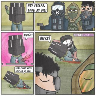 A comic making light of the now-defunct Jäger exploit, by prolific Siege community artist SAU_SIEGE. Click for source.