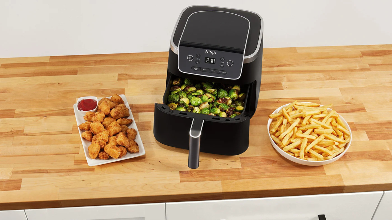 Ninja Air Fryer Pro 4-in-1 on a wooden counter, next to a bowl of French fries and nuggets 