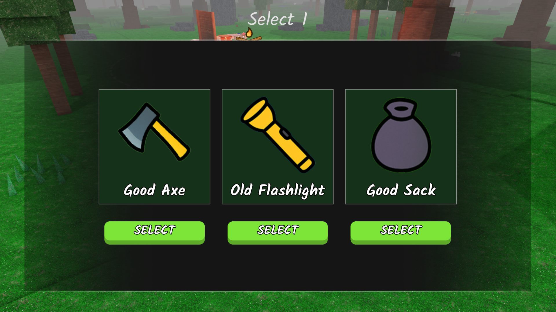 Pelt Trader upgrades available on the first day for a Rabbit&#039;s Foot in 99 Nights in the Forest. This shows three options: Good Axe, Old Flashlight, Good Sack.