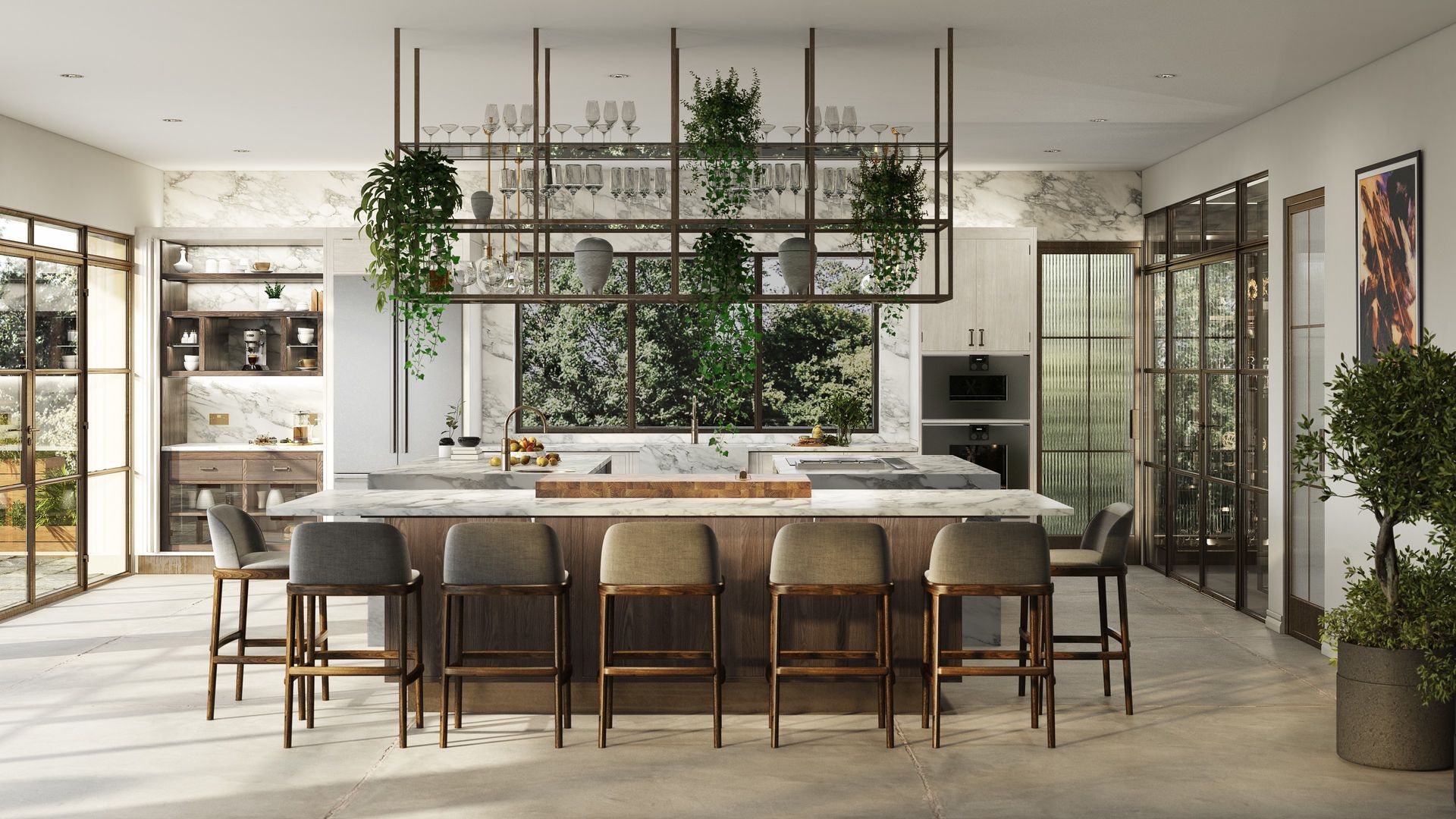 Large kitchen with island and bar stools, stone floor, wood cabinets and ceiling rack with glasses