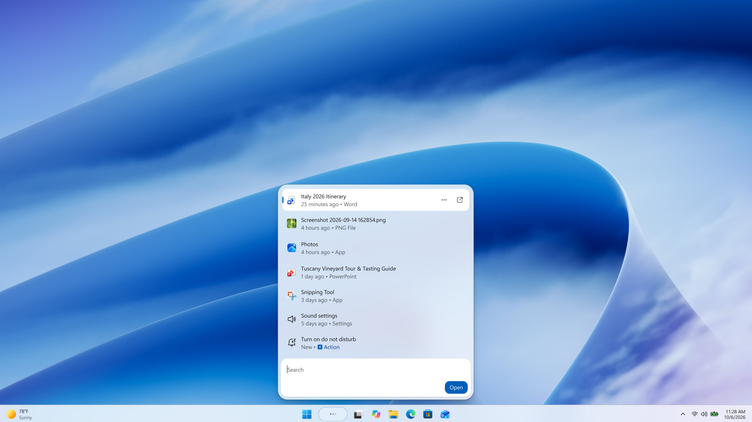 Windows 11 desktop showing Microsoft's new Search experience with recent files, apps, settings controls, and quick actions available from a Taskbar search panel.
