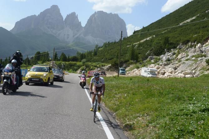 Christophe Riblon (AG2R La Mondiale) rode the final 8km of the Passo Pordoi alone to take the stage win