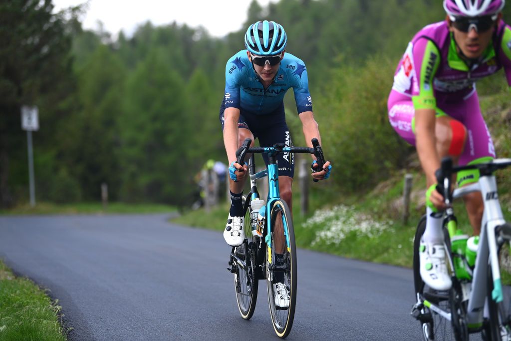 APRICA ITALY MAY 24 Joseph Lloyd Dombrowski of United States and Team Astana Qazaqstan competes during the 105th Giro dItalia 2022 Stage 16 a 202km stage from Sal to Aprica 1173m Giro WorldTour on May 24 2022 in Aprica Italy Photo by Tim de WaeleGetty Images