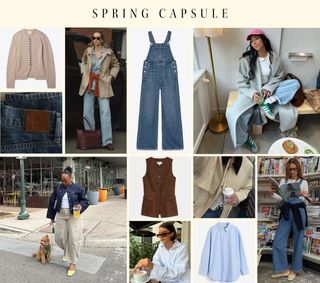 Influencers dressed in spring capsule basics mixed with product shots of dungarees, cardigan and shirt.