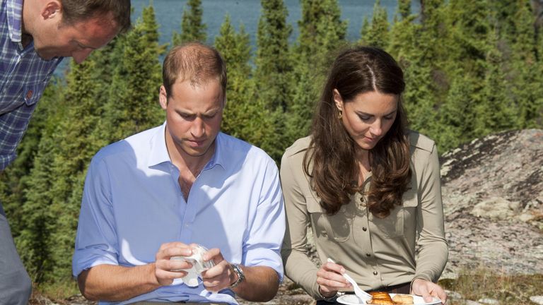 the duke and duchess of cambridge eating during a visit to blachford lake near yellowknife photo by julian parkeruk press via getty images