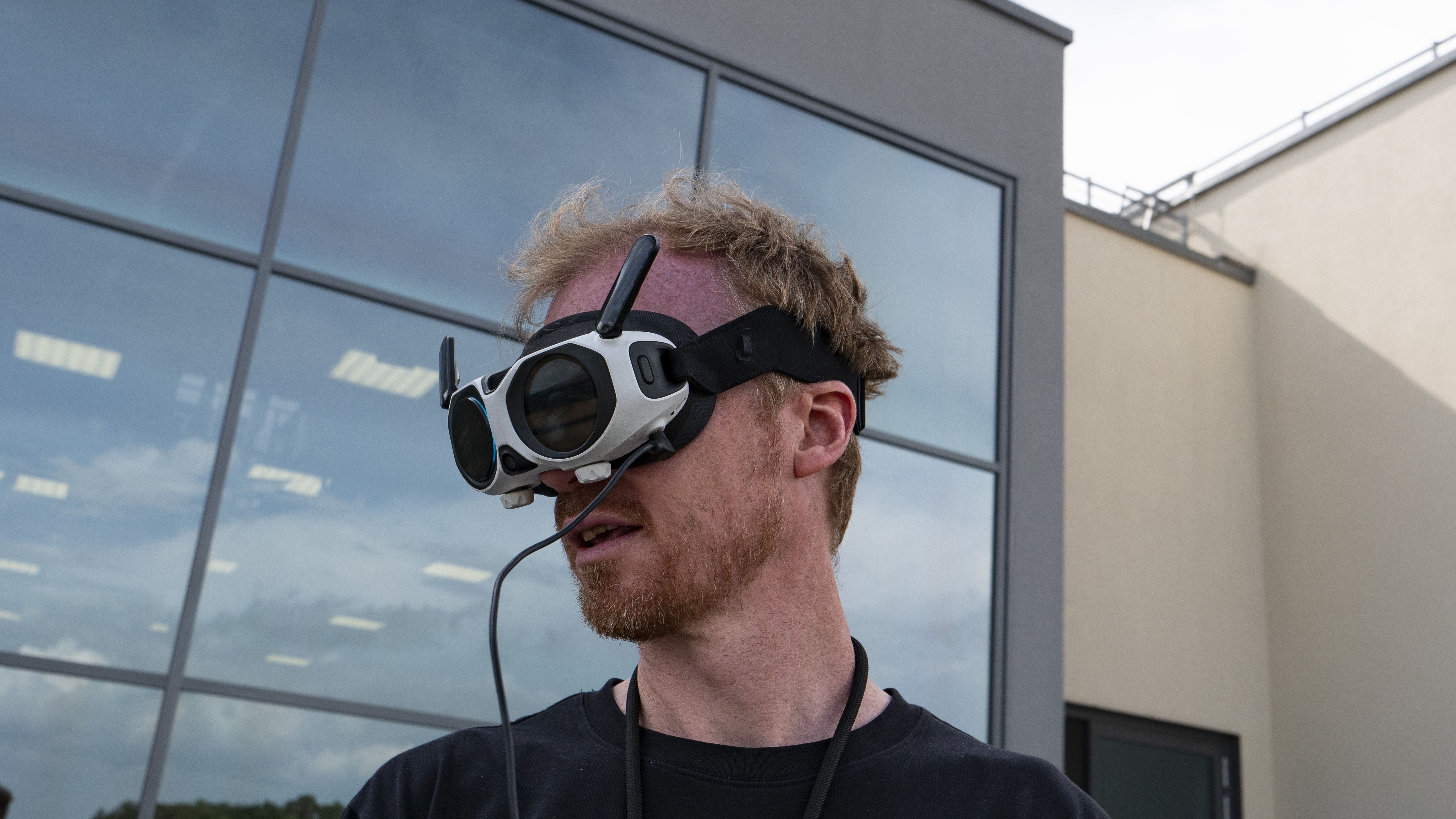 TechRadar's Tim Coleman wearing the Antigravity A1 drone's headset