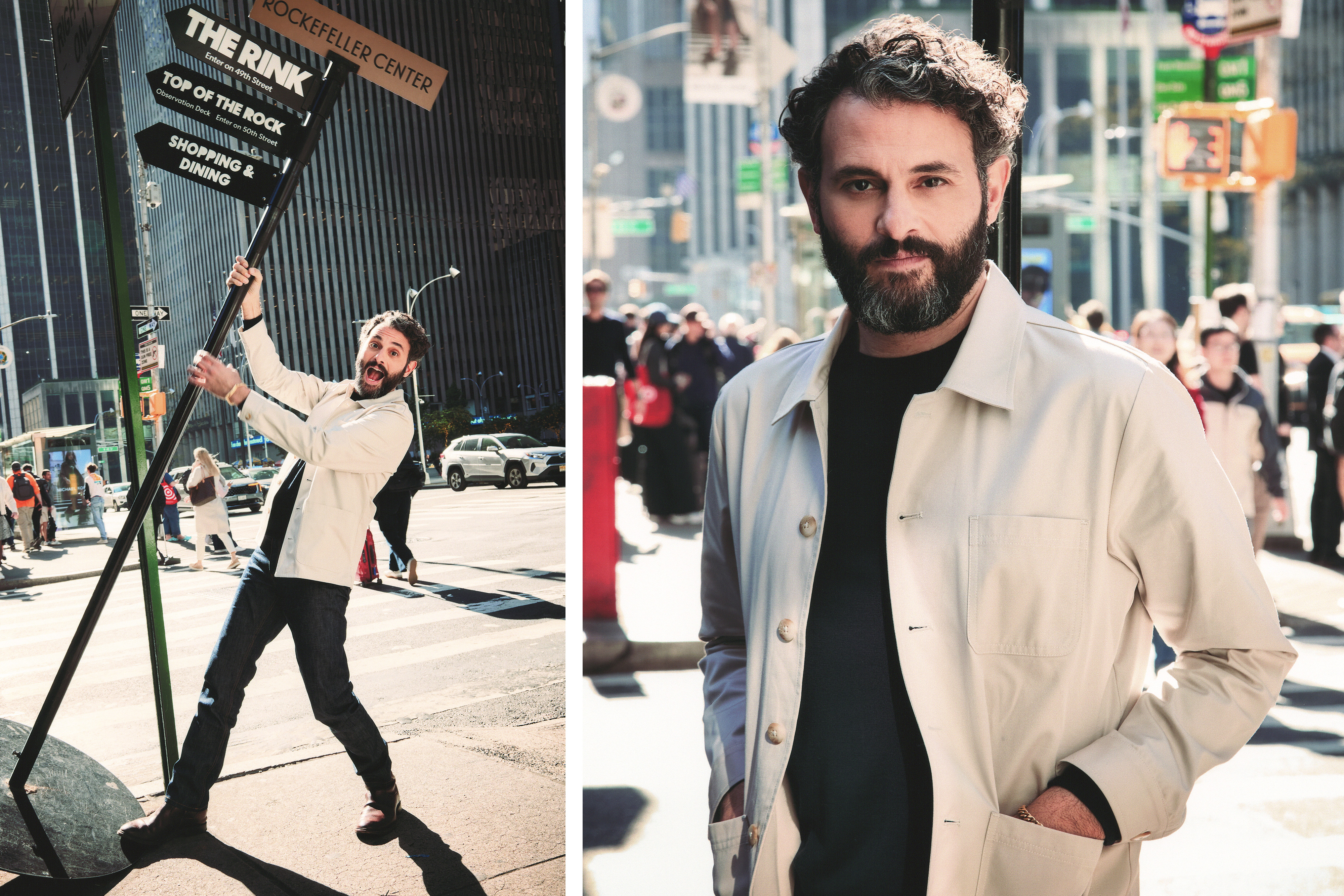 Arian Moayed in a split image posing holding a street sign and on a new york city busy street