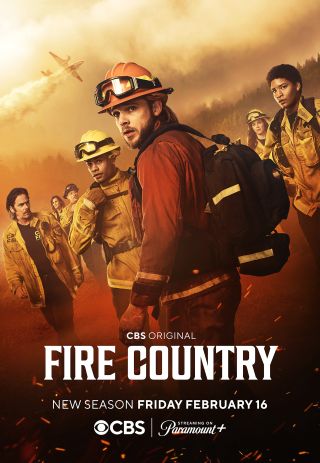 Key art for Season 2 of Fire Country featuring Bode at the front with the cast behind him all wearing fire gear.