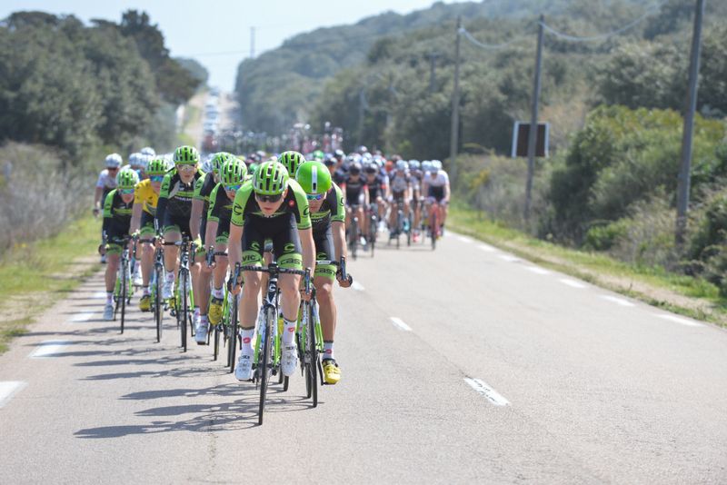 Cannondale-Garmin riding in support of yellow jersey wearer Ben King during stage three