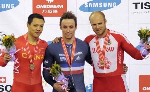 Men's sprint podium (l-r): Lei Zhang (People's Republic of China), Charlie Conord (France) and Denis Dmitriev (Moscow Track Team)