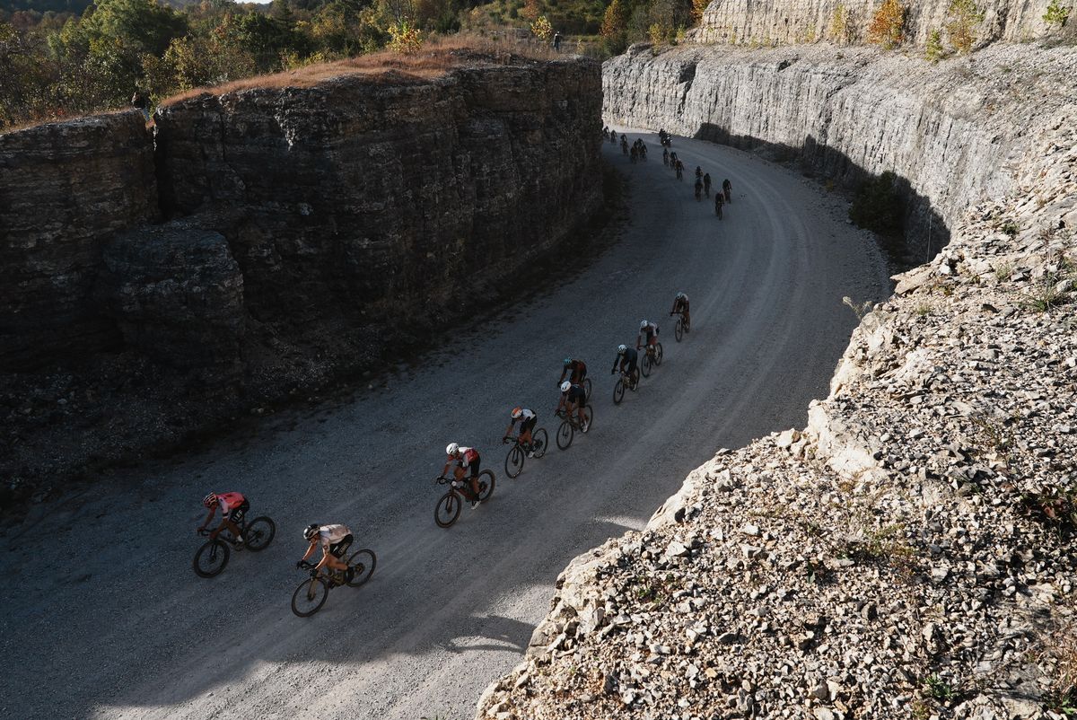 Front of the pro men's field as they pass through Rock Wall bluffs after 36 miles of racing