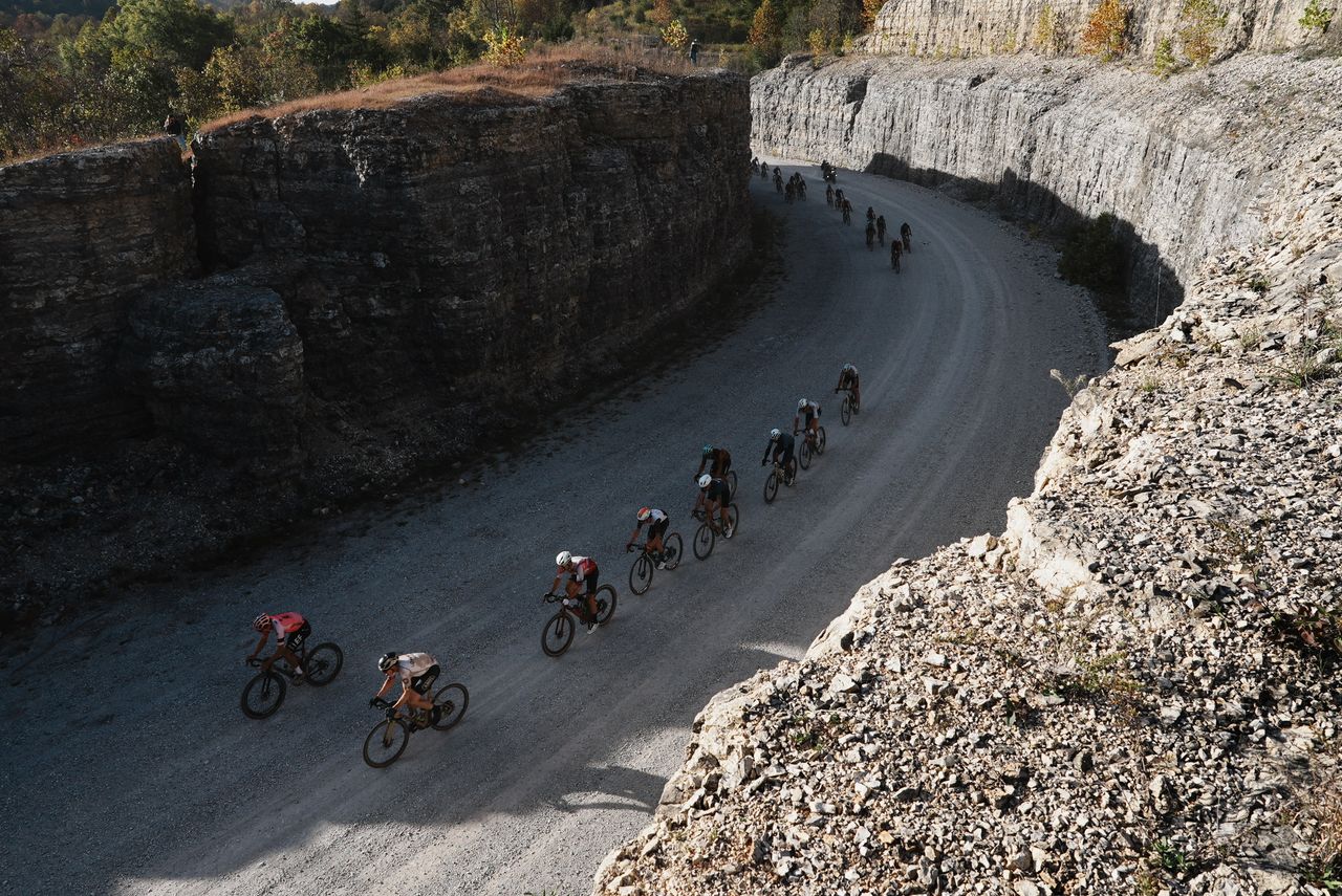 Front of the pro men's field as they pass through Rock Wall bluffs after 36 miles of racing