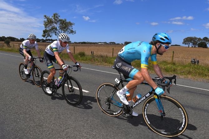 Laurens De Vreese (Astana) leads Nathan Elliot and Carter Turnbull (both KordaMentha Real Estate Australian national team) in the main break at the 2019 Cadel Evans Great Ocean Road Race