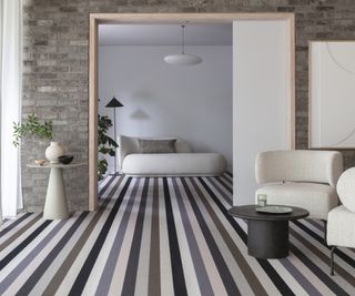 striped black and grey carpet in minimal living room