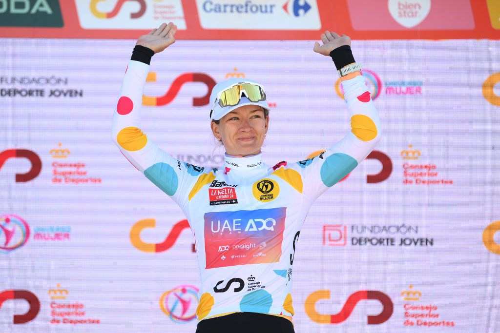 SIGUENZA SPAIN MAY 04 Karlijn Swinkels of The Netherlands and UAE Team ADQ celebrates at podium as Polka dot Mountain Jersey winner during the 10th La Vuelta Femenina 2024 Stage 7 a 1386km stage from San Esteban de Gormaz to Siguenza 1030m UCIWT on May 04 2024 in Siguenza Spain Photo by Alex BroadwayGetty Images