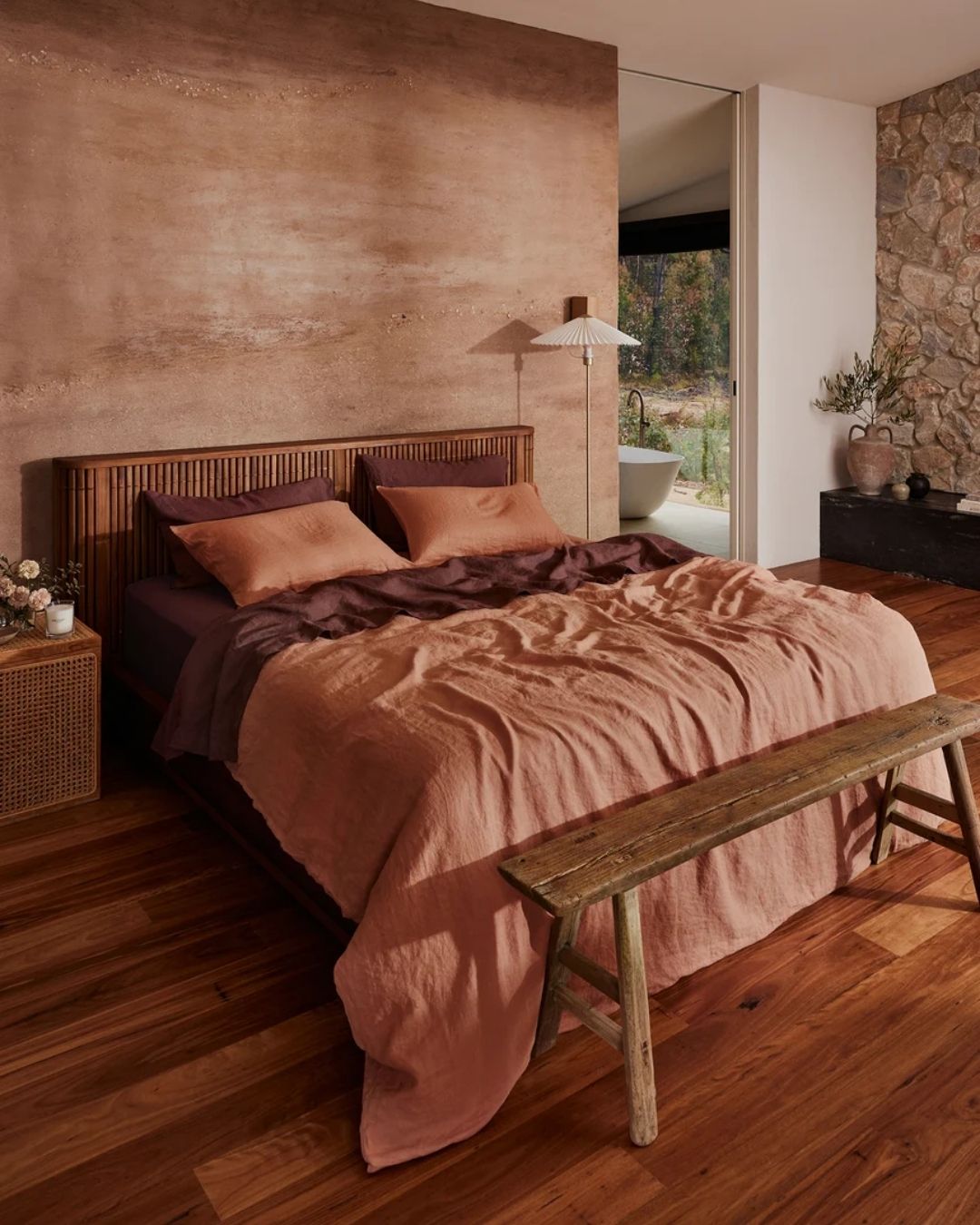 Cacao Duvet Cover Set, styled in an earthily decorated room with wooden floors and furniture.