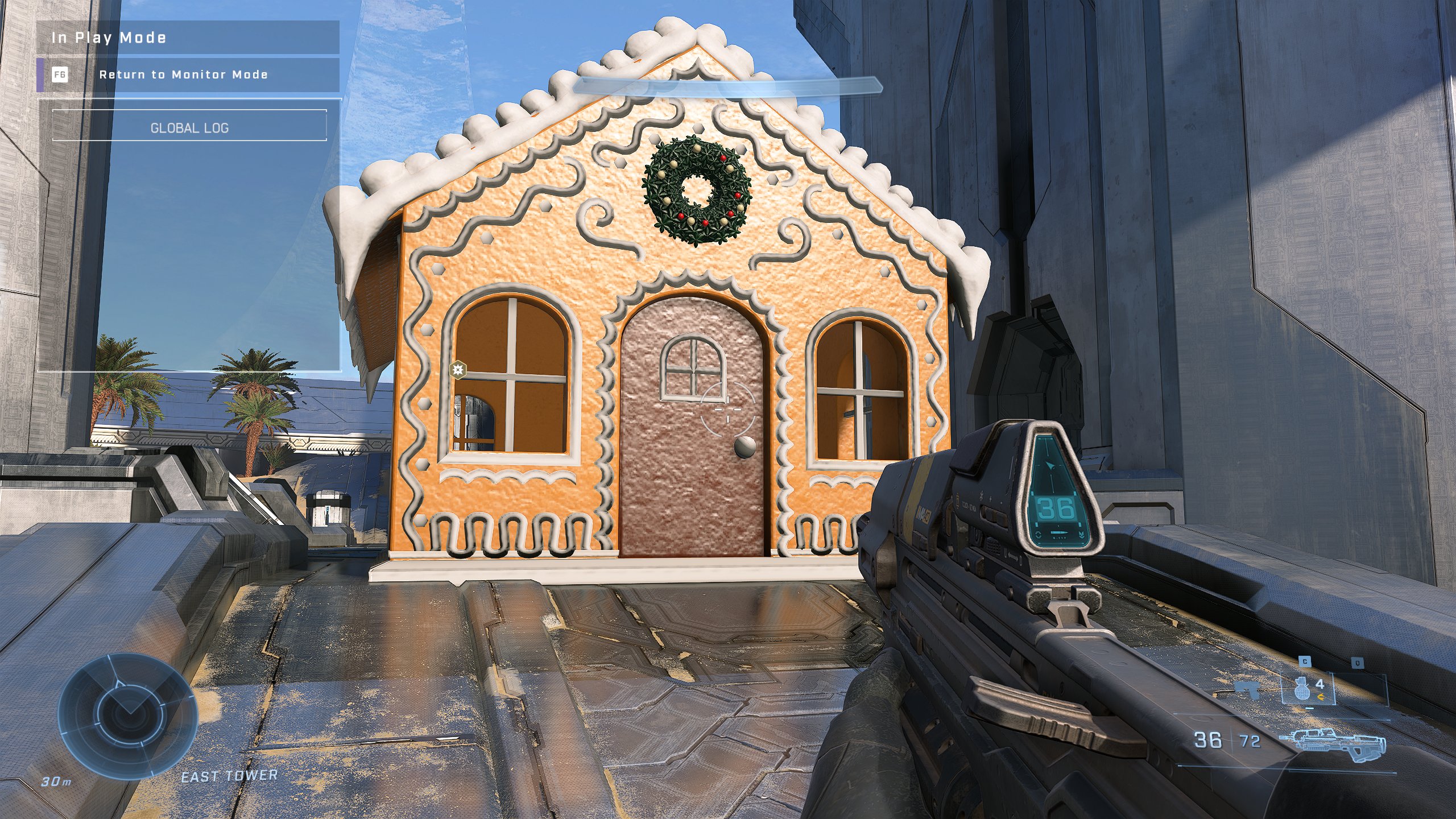 A gingerbread house made in Halo Infinite's Forge mode.