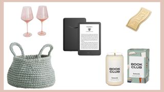 A collage of book-related gifts for a bookworm Easter basket ideas for adults.
