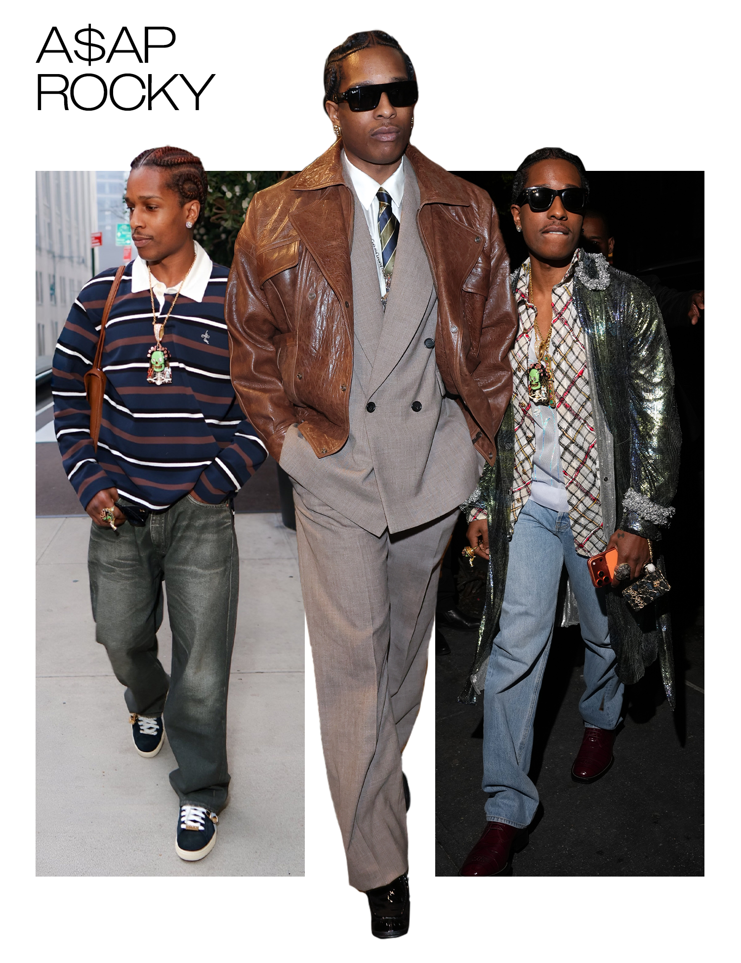 A collage of ASAP Rocky photos that show his style