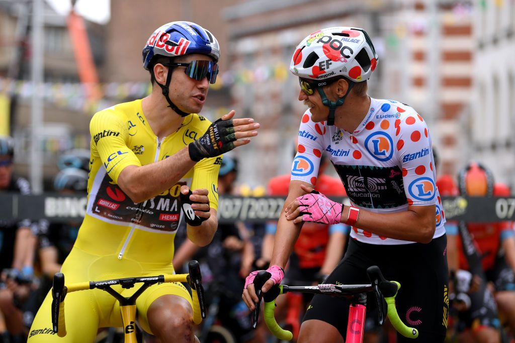 LONGWY FRANCE JULY 07 LR Wout Van Aert of Belgium and Team Jumbo Visma Yellow Leader Jersey and Magnus Cort Nielsen of Denmark and Team EF Education Easypost Polka Dot Mountain Jersey prior to the 109th Tour de France 2022 Stage 6 a 2199km stage from Binche to Longwy 377m TDF2022 WorldTour on July 07 2022 in Longwy France Photo by Alex BroadwayGetty Images