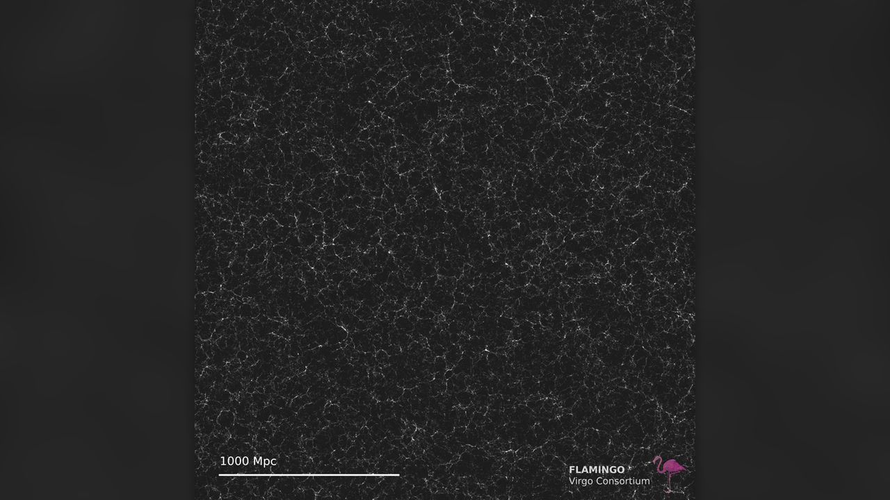 Gpc box showing quantity of stars (stellar surface density) in a logarithmic color scale to visualise faint structures.
