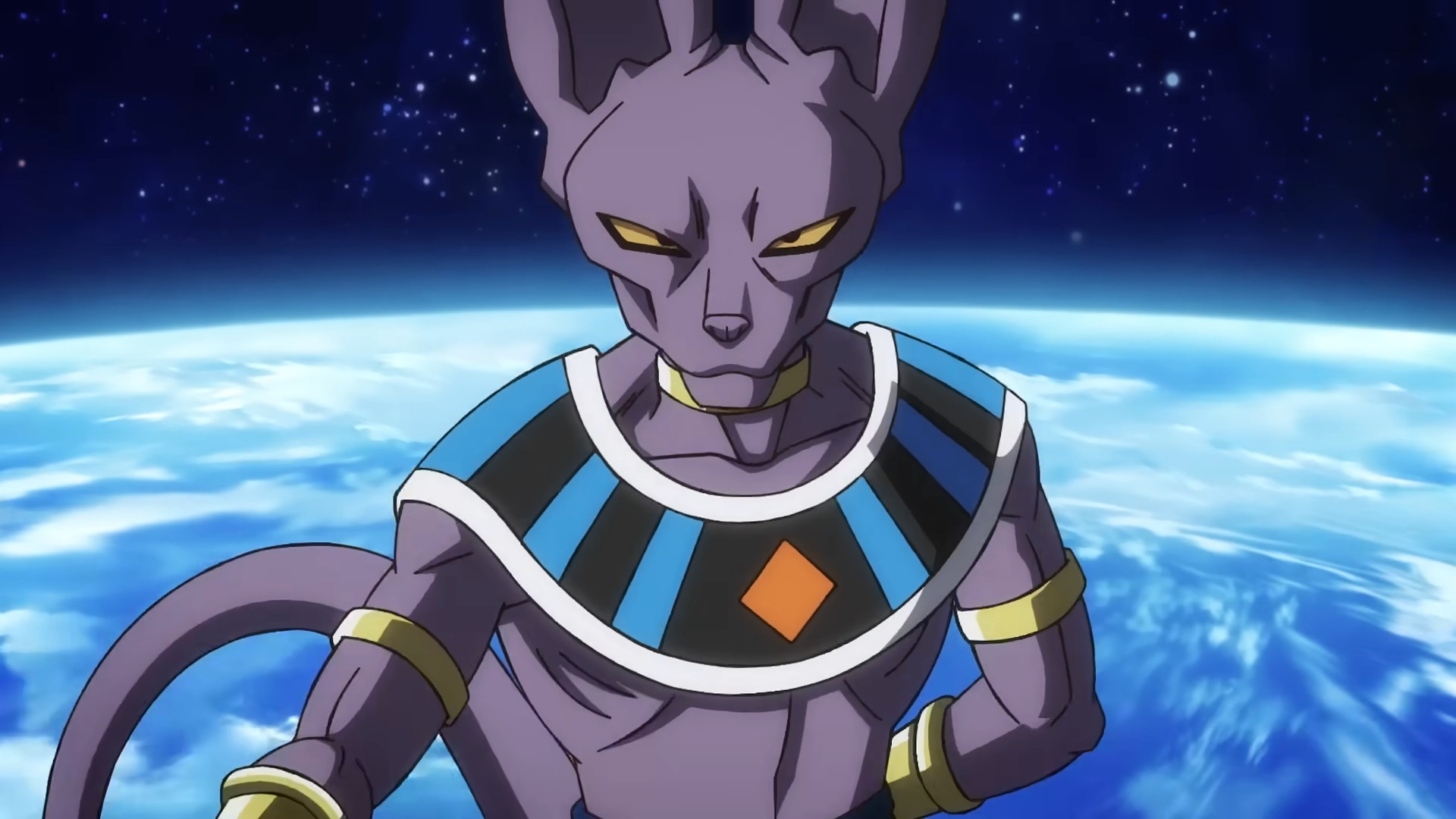 A close up of Beerus with the Earth behind him during the trailer for Dragon Ball Super: Beerus