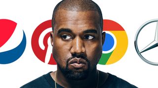 Kanye West's head in front of various circular logos
