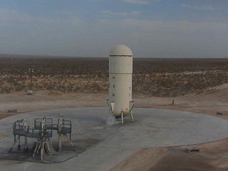 This photo shows the second test vehicle built by the secretive private spaceflight company Blue Origin as it appeared on the launch pad after a smooth