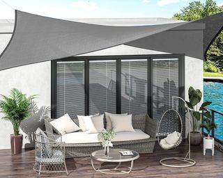 rectangular shade sail on a decked seating area