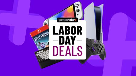 PS5 and Nintendo Switch gaming hardware on a purple background with Labor Day sales badge