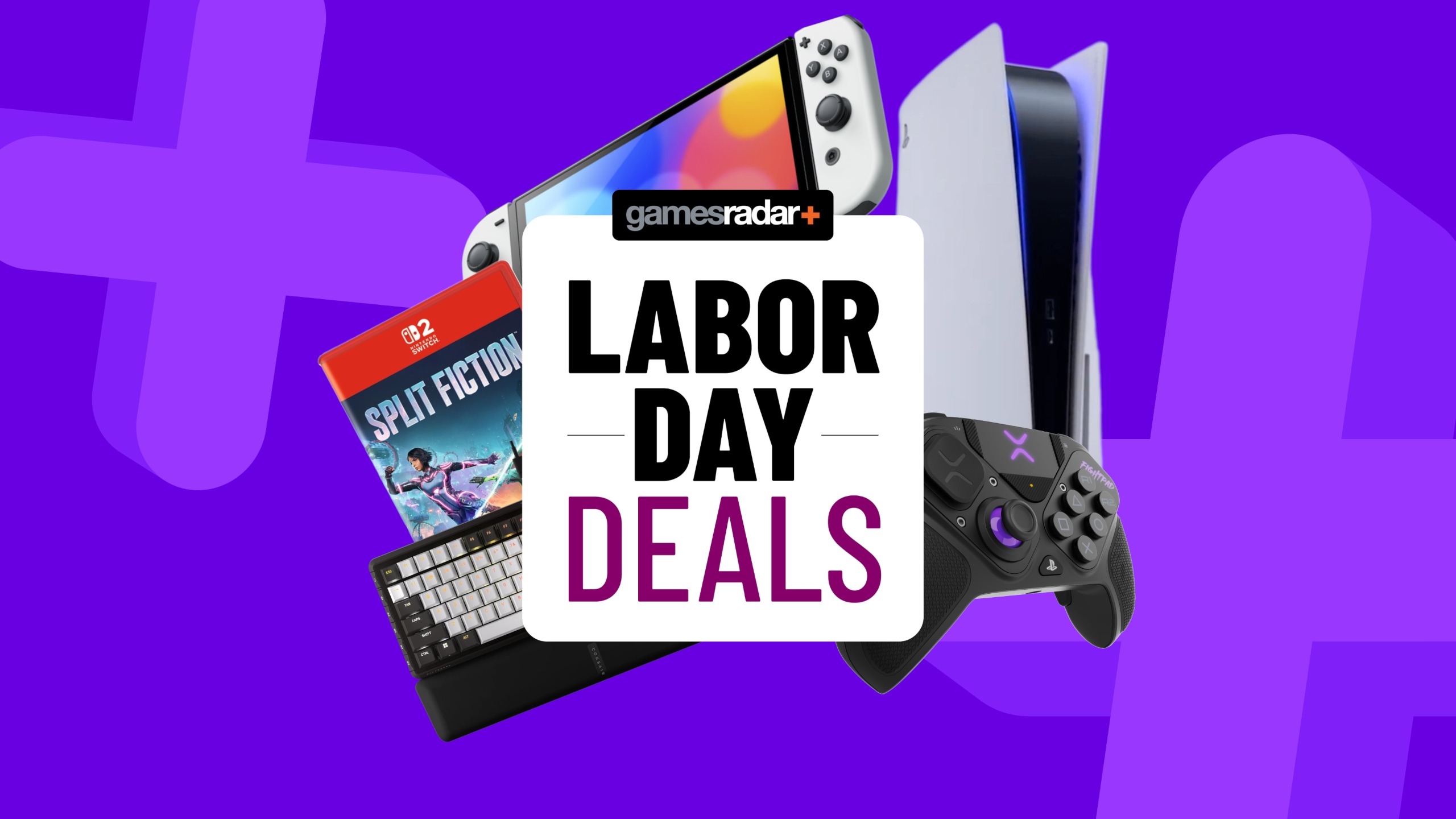 PS5 and Nintendo Switch gaming hardware on a purple background with Labor Day sales badge