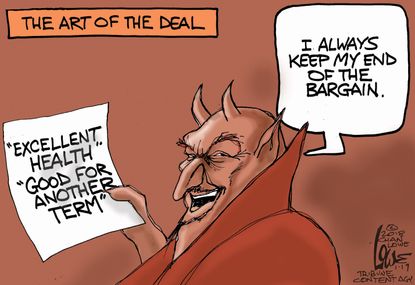 Political cartoon U.S. Trump health one year Art of the Deal
